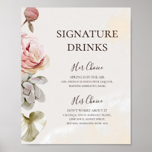 Moderne Blush-Blumen-Aquarell-Signatur-Drinks Poster