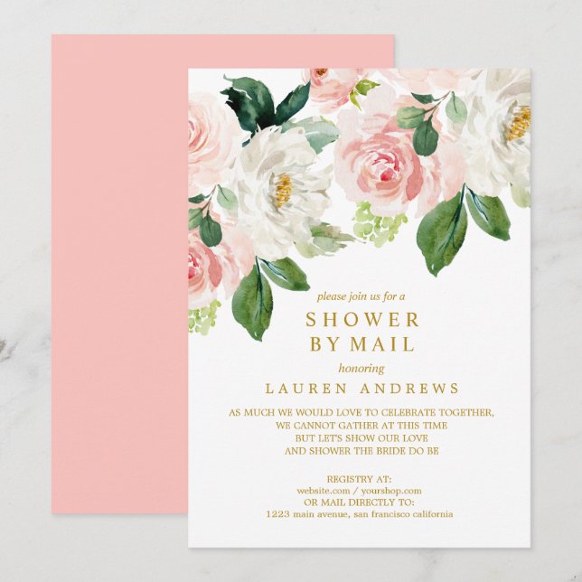 Moderne Blush Bouquet storniert Dusche Gold Hochze Einladung (Vorne/Hinten)