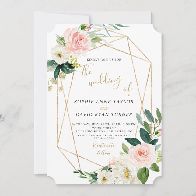 Moderne Blush Cream Floral Gold Rahmen Hochzeit Einladung (Vorderseite)