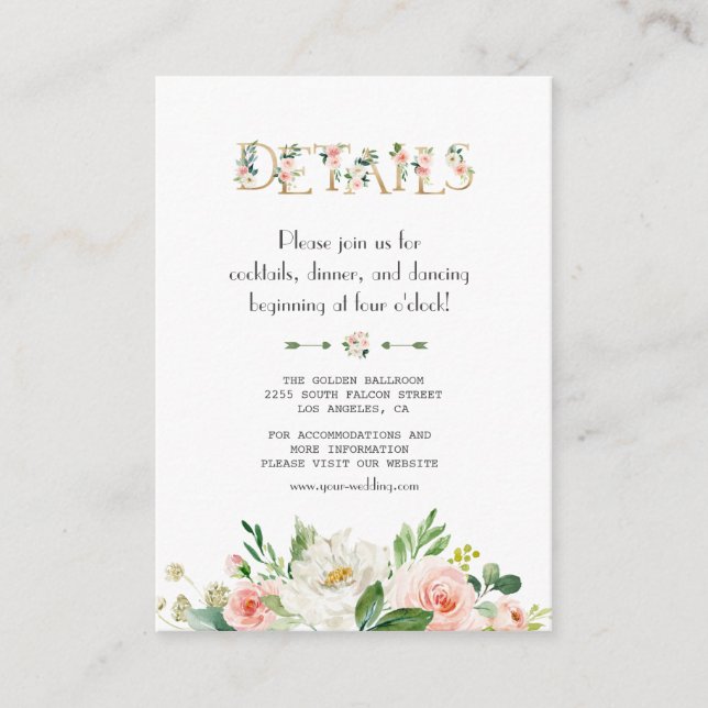Moderne Blush Floral Briefe Hochzeitsdetails Begleitkarte (Vorderseite)