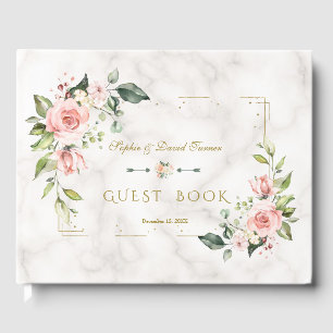 Moderne Blush Floral Gold Glitzer Marmorhochzeit Gästebuch