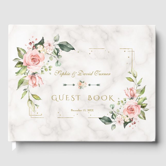 Moderne Blush Floral Gold Glitzer Marmorhochzeit Gästebuch (Vorderseite)