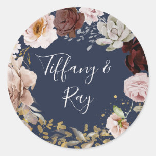 Moderne Blush Floral Navy Hochzeitsleute Umschlag Runder Aufkleber