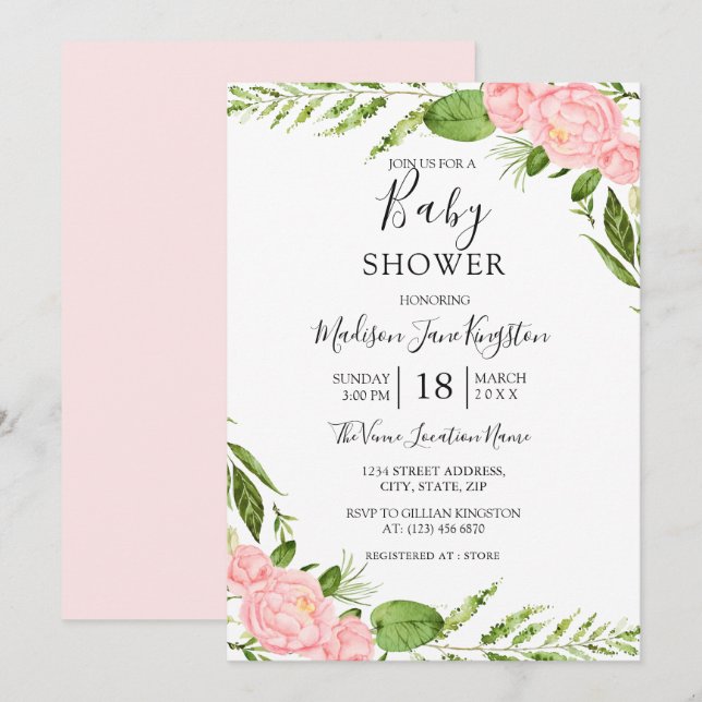 Moderne Blush Floral Watercolor Babydusche Einladung (Vorne/Hinten)
