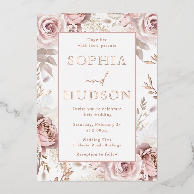 Moderne Blush Floral Wedding Rose Gold Folieneinladung (Vorderseite)