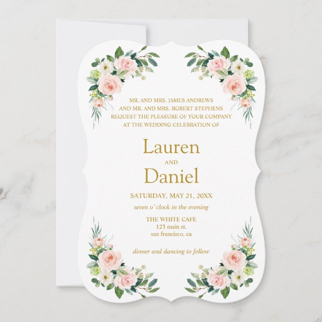 Moderne Blush Gold Blume Klassische Hochzeit Einladung (Vorderseite)