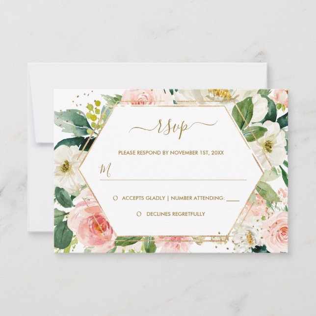 Moderne Blush Gold Floral Watercolor Hochzeit RSVP (Vorderseite)