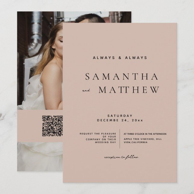Moderne Blush-Klassiker QR-Code Foto-Hochzeit Einladung (Vorne/Hinten)