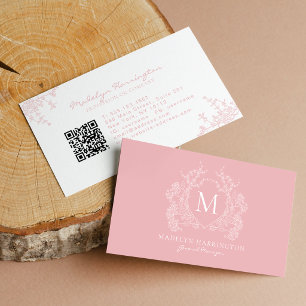 Moderne Blush-Pink-Blumen-Wappen-Monogramm-QR-Code Visitenkarte