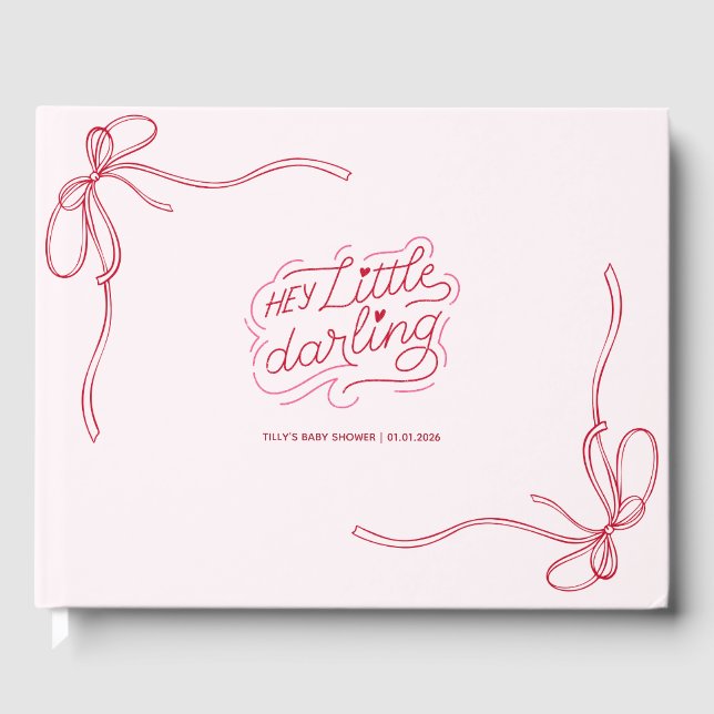 Moderne Blush Pink Bow Ribbon Girl Babydusche Gästebuch (Vorderseite)