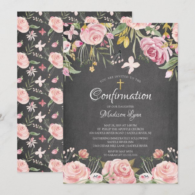 Moderne Blush Pink Floral & Gold Cross Bestätigung Einladung (Vorne/Hinten)