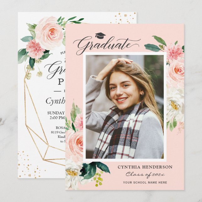 Moderne Blush Pink Foto Graduation Party Einladung (Vorne/Hinten)