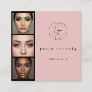 Moderne Blush-Pink-Foto-Make-up-3-Foto-Quadrat Quadratische Visitenkarte