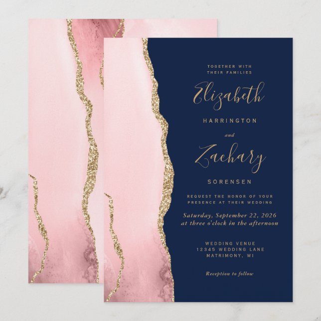 Moderne Blush Pink Gold Agate Navy Blue Wedding Einladung (Vorne/Hinten)