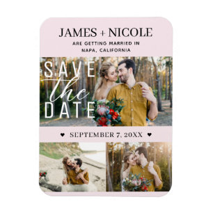 Moderne Blush-Pink Hochzeitseinladung mit 3 Fotos Magnet