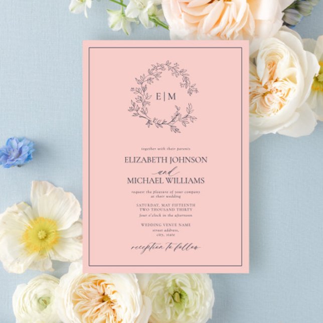 Moderne Blush Pink Navy Blue Monogram Wedding Einladung (Von Creator hochgeladen)