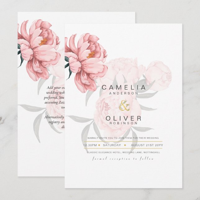 Moderne Blush Pink Peonies Bloral Wedite Einladung (Vorne/Hinten)