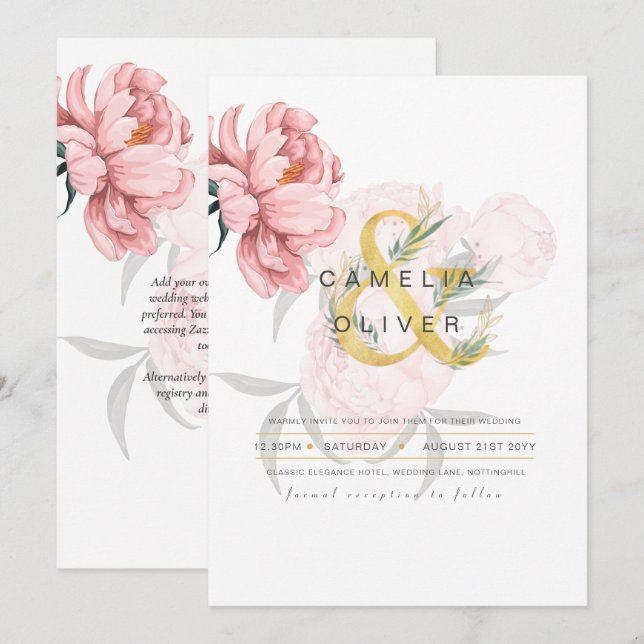Moderne Blush Pink Peonies Bloral Wedite Einladung (Vorne/Hinten)