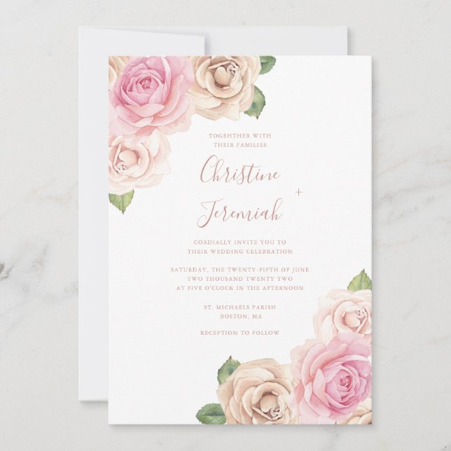 Moderne Blush Pink Rose Wasserfarben Blumenzehen Einladung (Vorderseite)