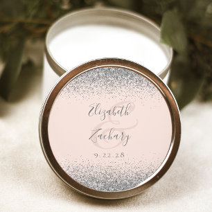 Moderne Blush-Pink-Silber-Glitter-Kanten-Hochzeit Runder Aufkleber