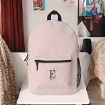 Moderne Blush Pink Stilvolle Monogram Typografie Bedruckter Rucksack<br><div class="desc">Ein sanft feminines Rucksack-Design in sanftem Rosa mit einem stilvollen Layout Ihres Namens und Monogramms mit klassischen Serifen und einer verzierteren Schriftzeichen in ausgeglichener Symmetrie. Die drei Elemente verschmelzen mit einer ausgeklügelten Harmonie und kreieren Ihr eigenes Markenlogo. Hier mit den Monogramm-Elementen in hellen und dunkelkohlegrauen Farben dargestellt. Dieser Artikel ist...</div>