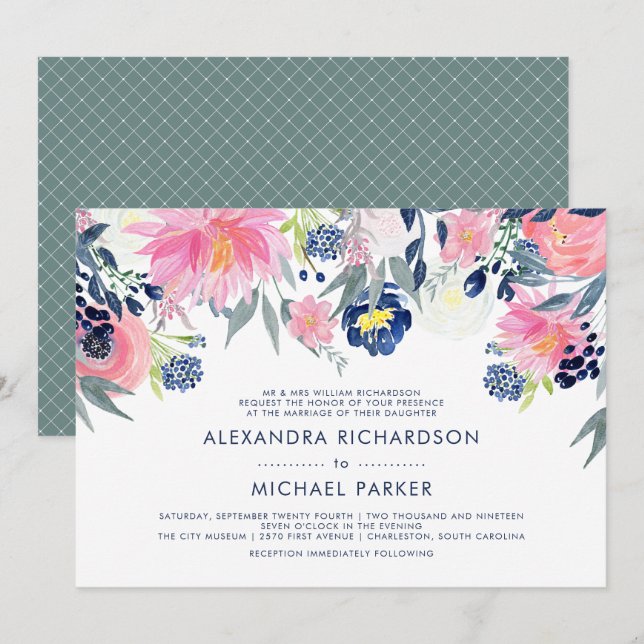Moderne Blush Pink- und Navy-Floral-Hochzeit Einladung (Vorne/Hinten)