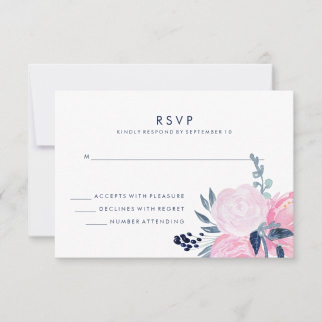 Moderne Blush Pink und Navy Floral Wedding RSVP (Vorderseite)