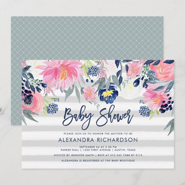 Moderne Blush- und Navy-Floral-Baby-Dusche Einladung (Vorne/Hinten)
