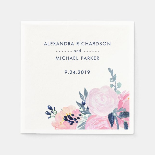 Moderne Blush- und Navy-Floral-Hochzeit Serviette (Vorderseite)