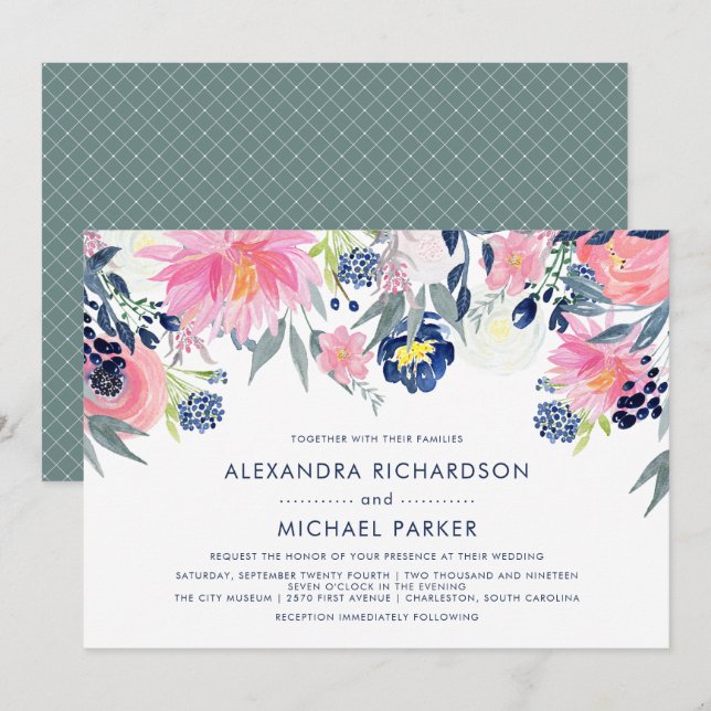 Moderne Blush- und Navy-Floral-Hochzeit | Version  Einladung (Vorne/Hinten)