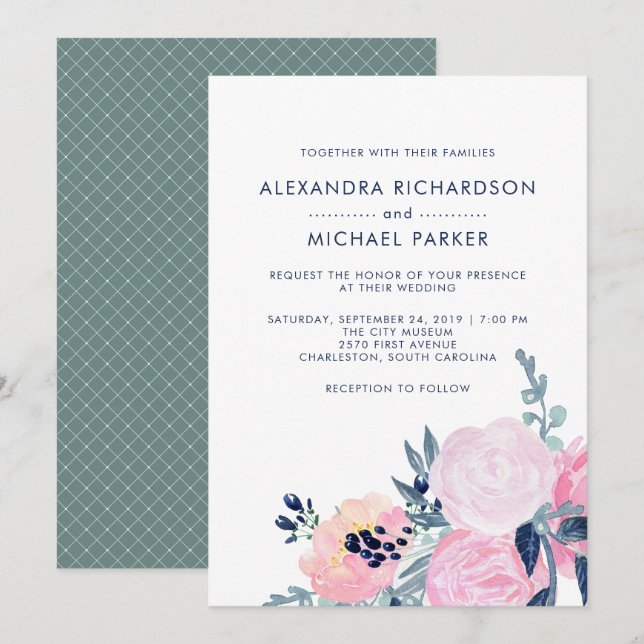 Moderne Blush- und Navy-Floral-Hochzeit | Vertikal Einladung (Vorne/Hinten)
