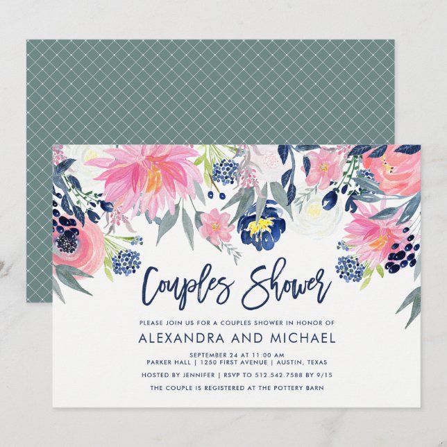 Moderne Blush- und Navy-Floral-Paare-Dusche Einladung (Vorne/Hinten)