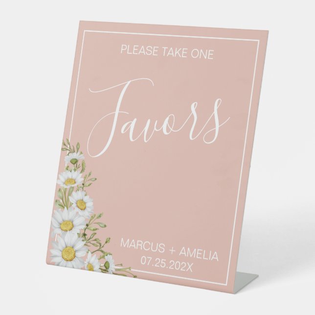 Moderne Blush & White Daisies Gastgeschenke Hochze Sockelschild (Vorderseite)