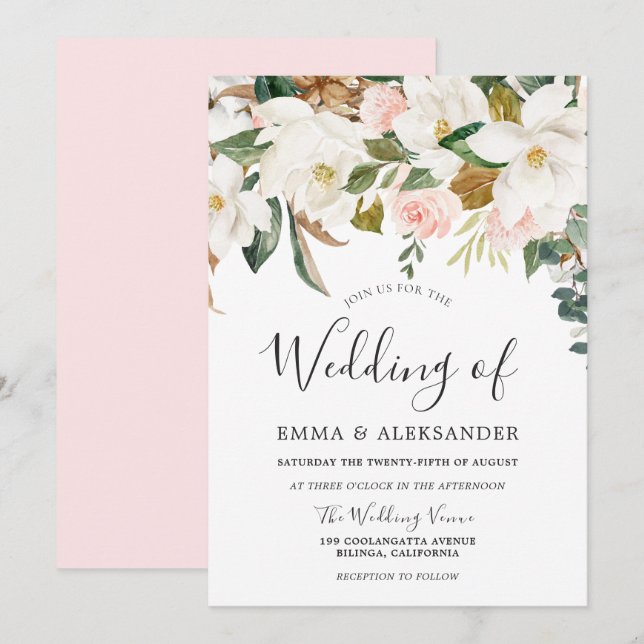 Moderne Blush & White Wasserfarbe Blume Hochzeit Einladung (Vorne/Hinten)