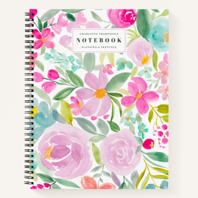 Moderne Blüte mädchenhafte florale Aquarellbezeich Notizbuch (Vorderseite)