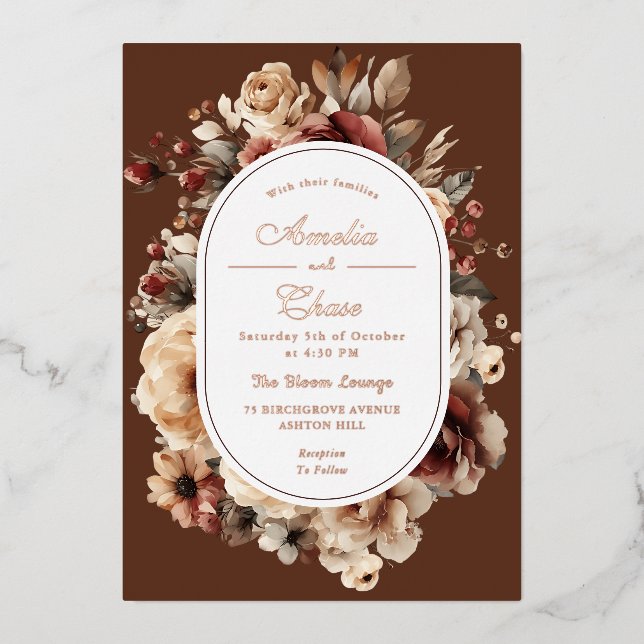 Moderne Bohemische Blumen-Rahmen-GoldWedding Folieneinladung (Vorderseite)