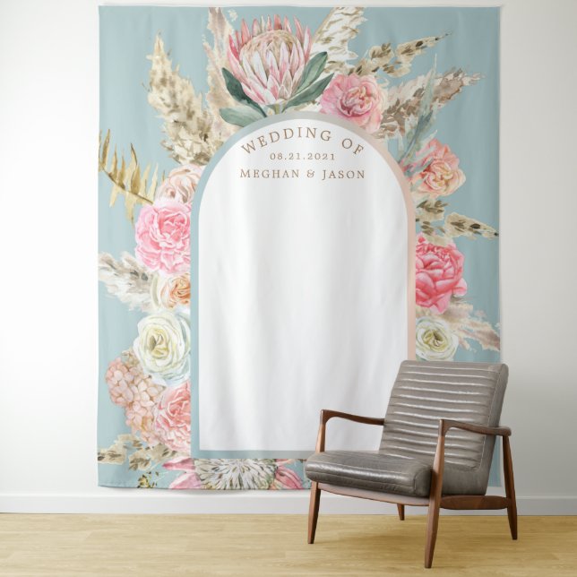 Moderne Bohemische Blush-Blues-Hochzeitswand Wandteppich (Beispiel)