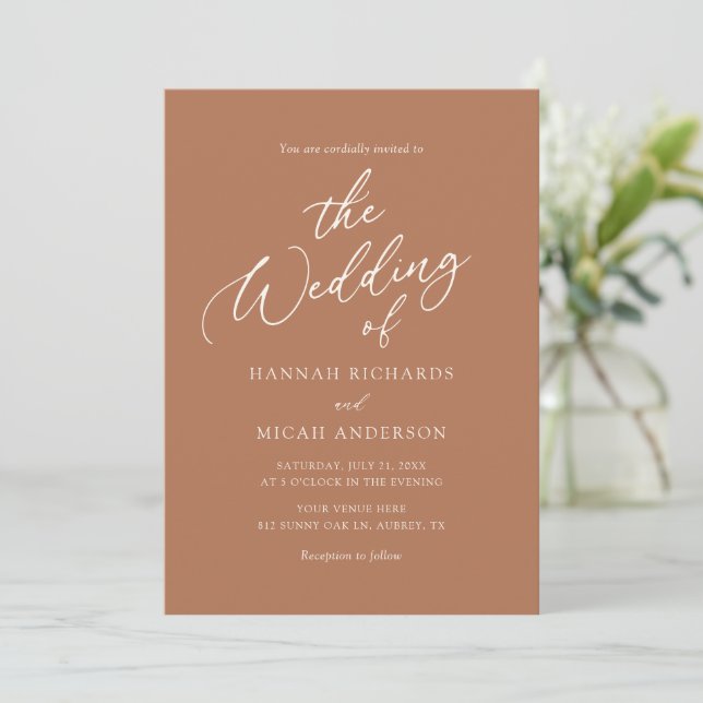 Moderne Bohemische Burnt Orange Hochzeitseinladung Einladung (Stehend Vorderseite)
