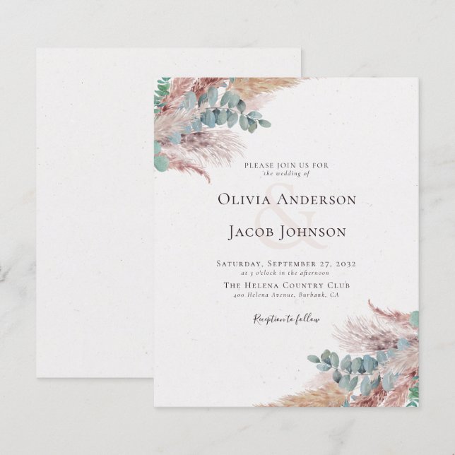 Moderne Bohemische Pampas-Grass-Hochzeit Einladung (Vorne/Hinten)
