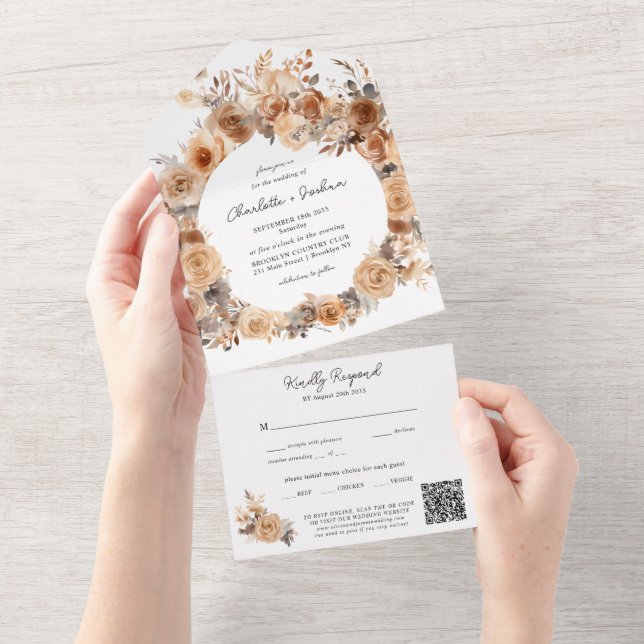 Moderne Bohemische Terracotta QR Hochzeit All In One Einladung (Abreißen)