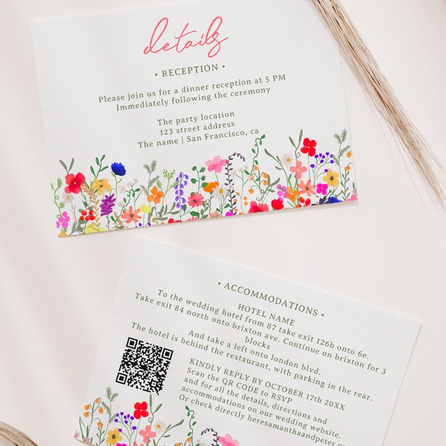 Moderne böhmische Blume Hochzeitsdetails Einladung (Modern boho bright wild flowers wedding details invitation)