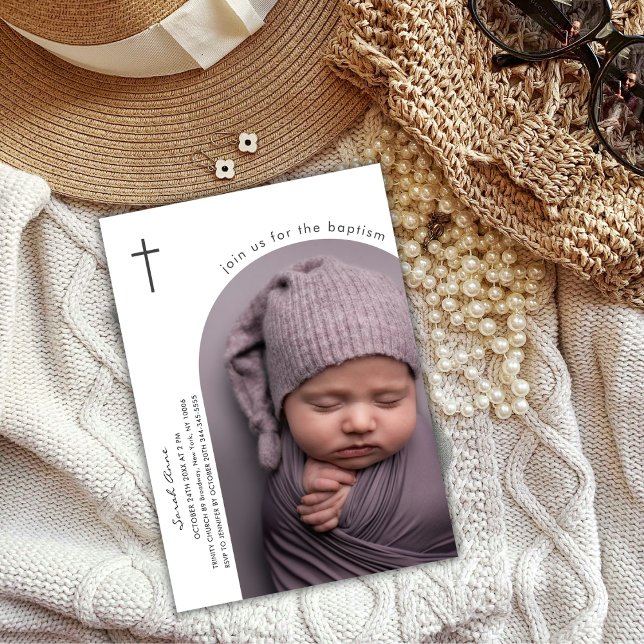 Moderne Boho Arch Cross Baby Foto Taufe Einladung (Modern Boho Arch Cross Baby Photo Baptism Invitation)