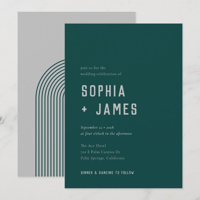 Moderne Boho Arch Green Gray Typografy Wedding Einladung (Vorne/Hinten)