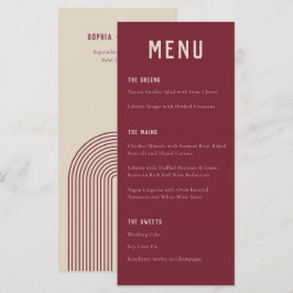 Moderne Boho Arch Red Beige Typografie Hochzeit Menükarte