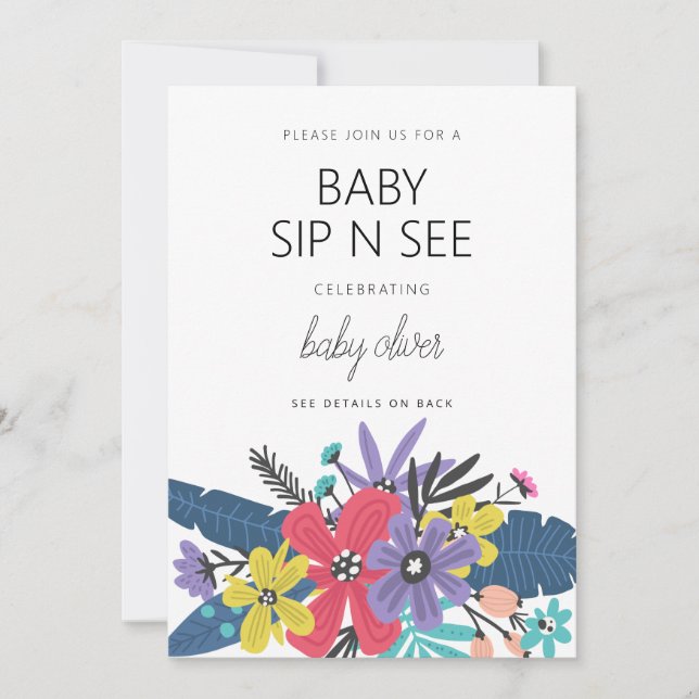 Moderne Boho Blume jagen Baby Sip und sehen Einladung (Vorderseite)
