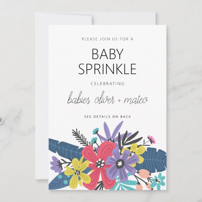 Moderne Boho Blume Twin Boy Baby Sprinkle Einladung (Vorderseite)