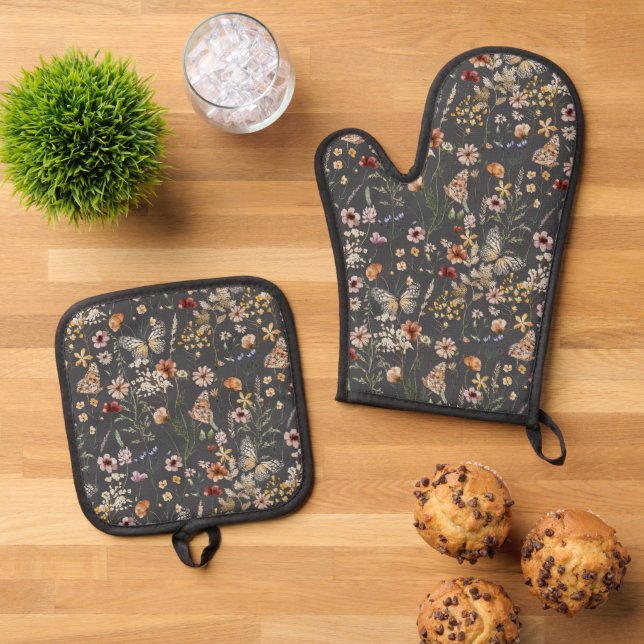 Moderne Boho-Blumen-Monogramm-Name Ofenhandschuh & Topflappen-Set (Oben Unten)