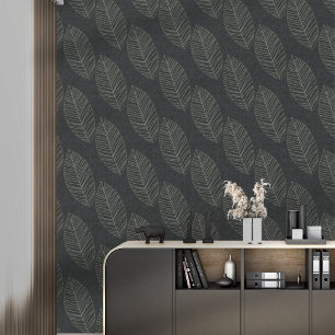 Moderne Boho-Botanik-Blätter auf schwarzem Stoff Tapete