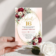 Moderne Boho-Burgund-Gold-Blumen 16. Geburtstag  