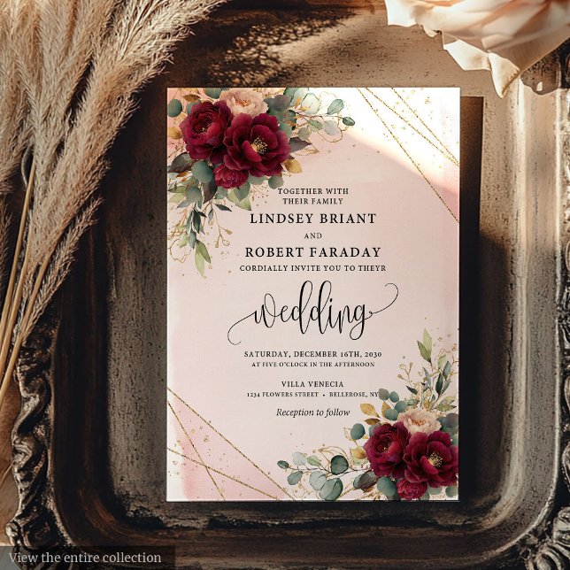 Moderne Boho Deep Red Blush Gold Rose Chic Wedding Einladung (Modern Boho Deep Red Blush Gold Roses Chic Wedding Invitation)